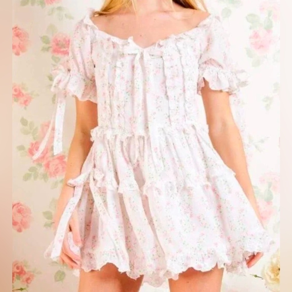 Amy Jane London Womens Madelaine Floral Ruffle Mini Dress Sz XS White Pink